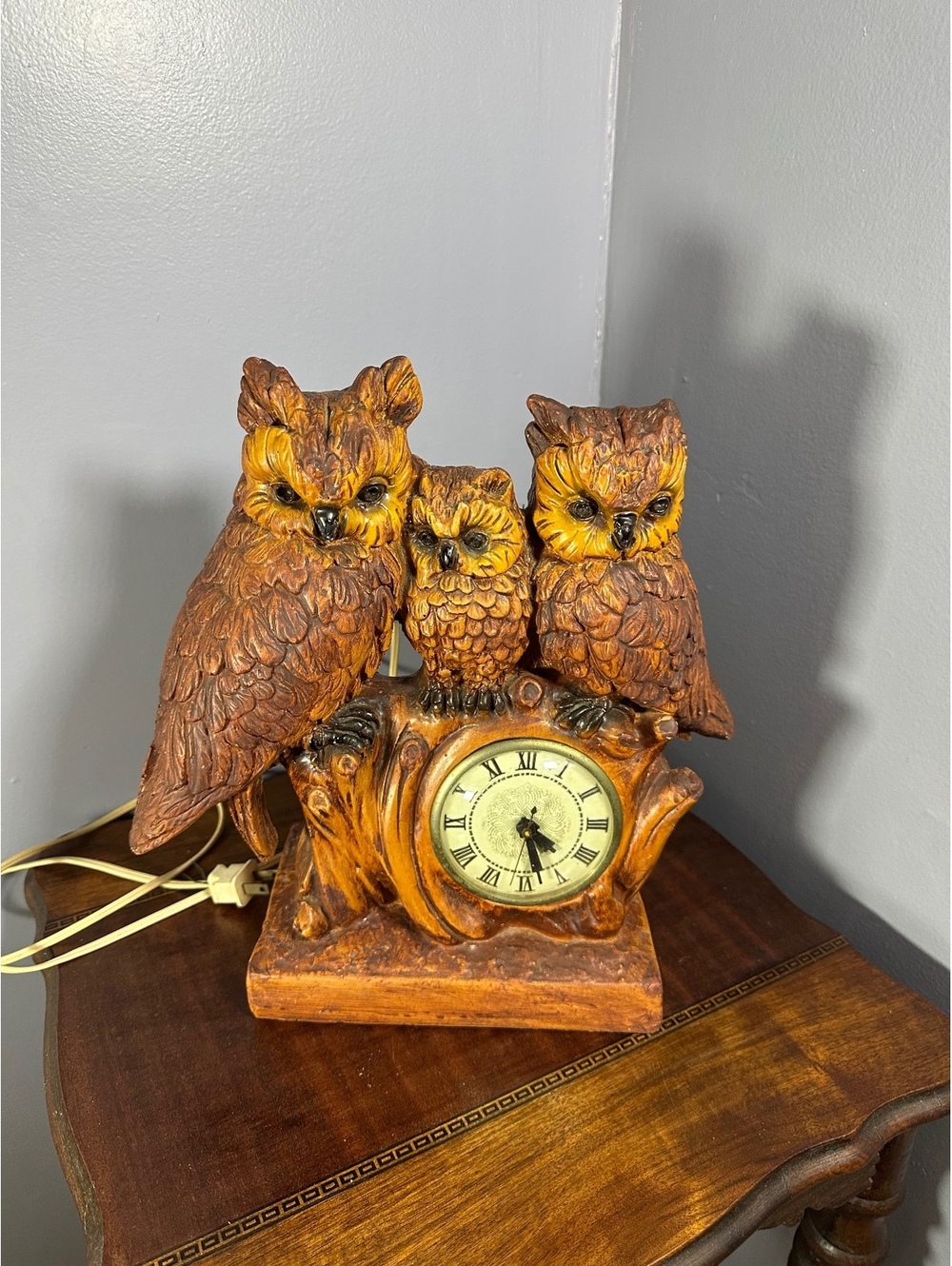 Mid Century Chalkware Owl Trio Table Clock Lanshire Movement MCM Boho Cabin Work